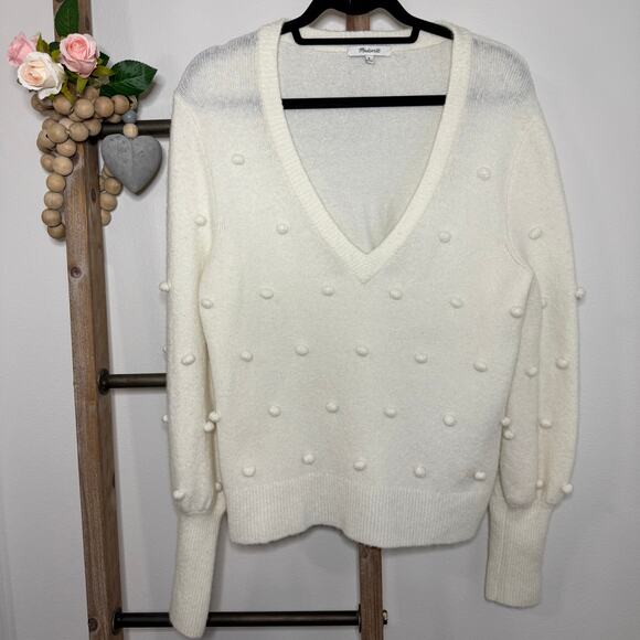 Madewell Bobble Dashwood V Neck Bright Ivory Sweater Size Medium - Picture 2 of 10